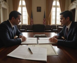 Familia con oficial consular revisando documentos de doble nacionalidad