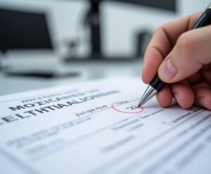 Mano detallada corrigiendo con pluma y marcando un error en el acta civil