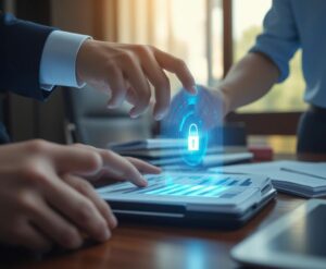 Manos ejecutivas y casuales tocando un holograma de seguridad en una mesa