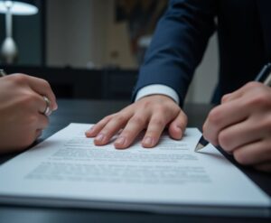 Manos sellan acuerdo sobre un contrato con tinta fresca tras la mediación